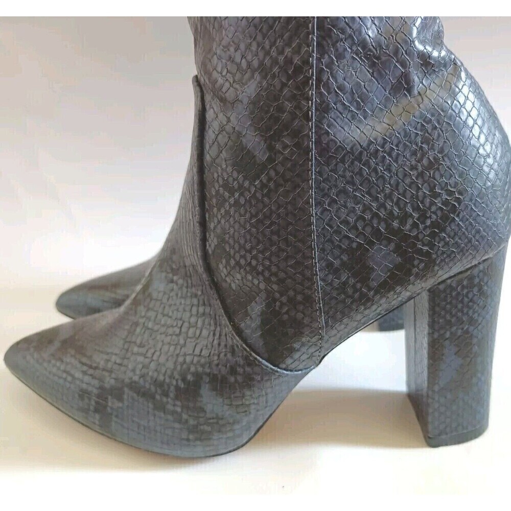 Catherine Maladrino Snake Print Knee Boots 6.5 Black Navy High Heel Pointed Toe - Picture 5 of 12